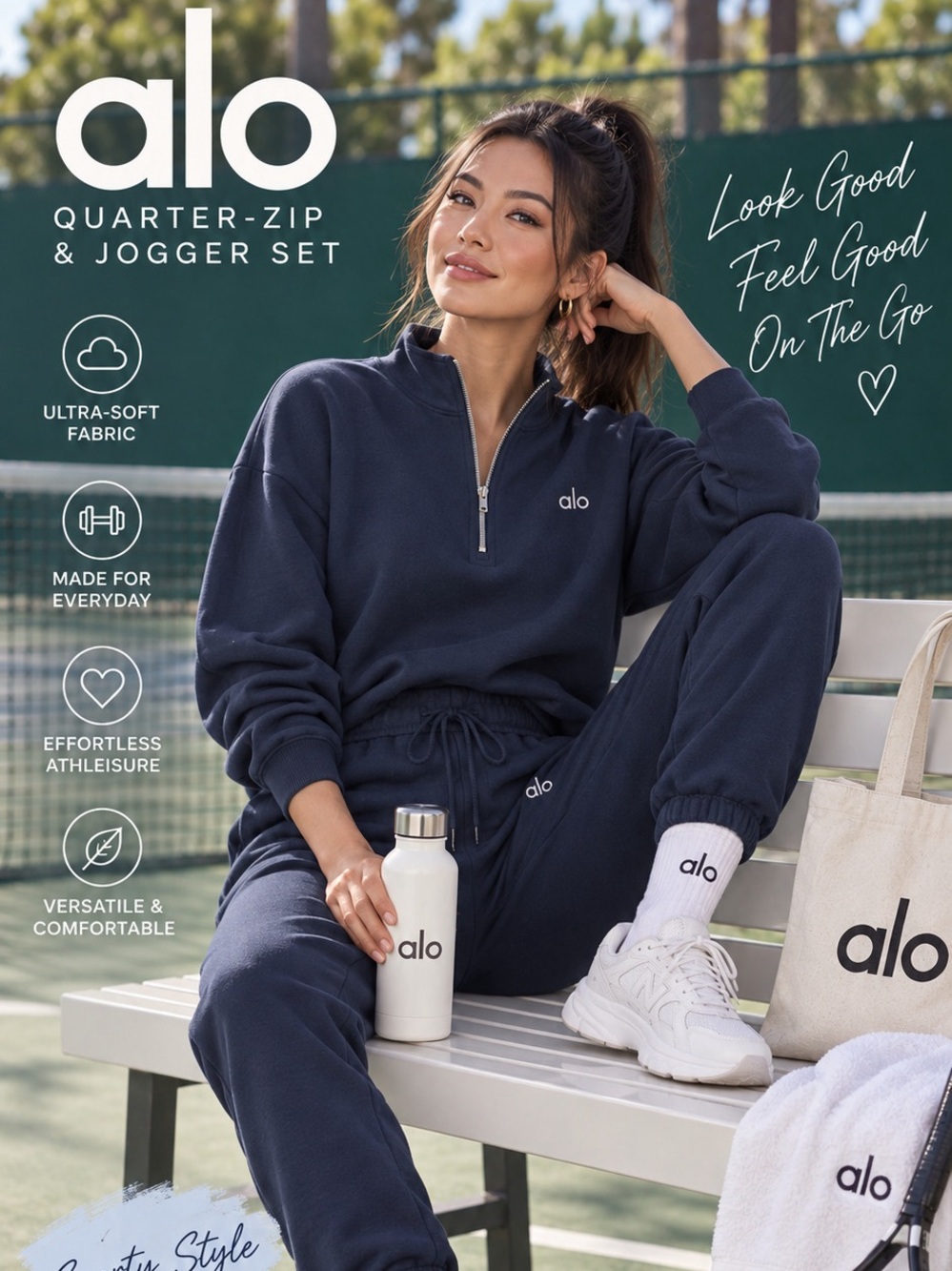 ALO Yoga Accolade Navy Matching Set Quarter Zip Pullover Sweatpants Size M NEW